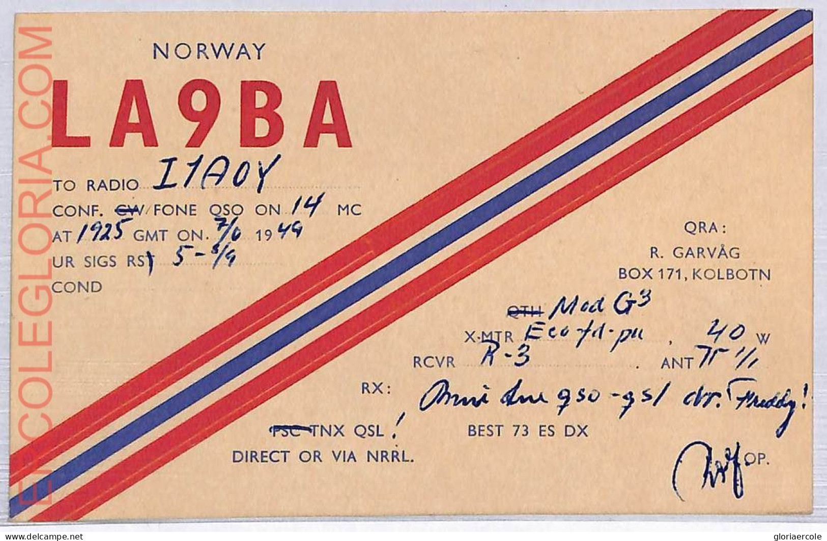 Ad9229 - NORWAY - RADIO FREQUENCY CARD  -   1949 - Radio