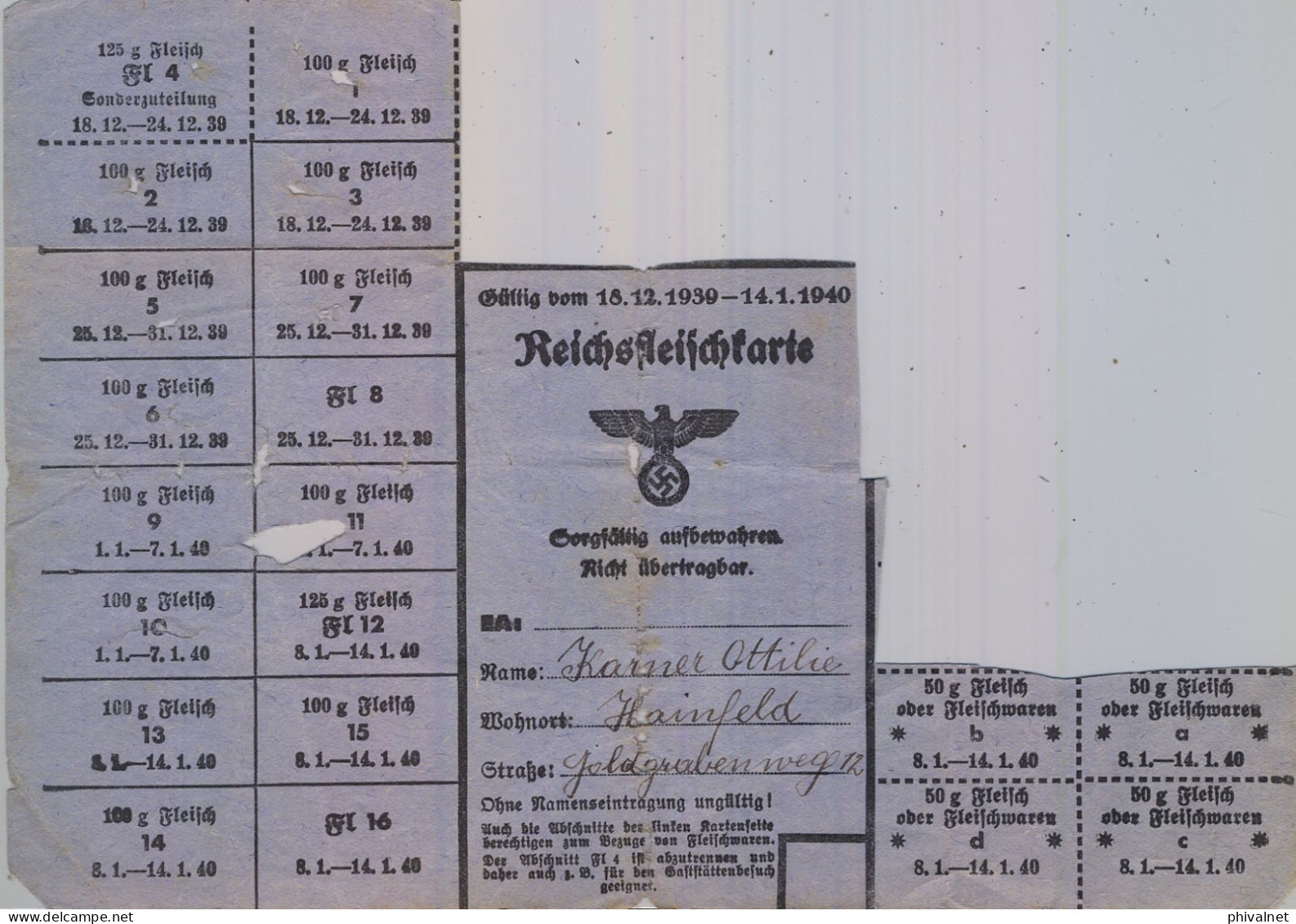 1940 HAINFELD , DOCUMENTO DEL TERCER REICH / NAZI  , CARTILLA RACIONAMIENTO PARA CARNE , FLEISCH , MEAT - 1939-45