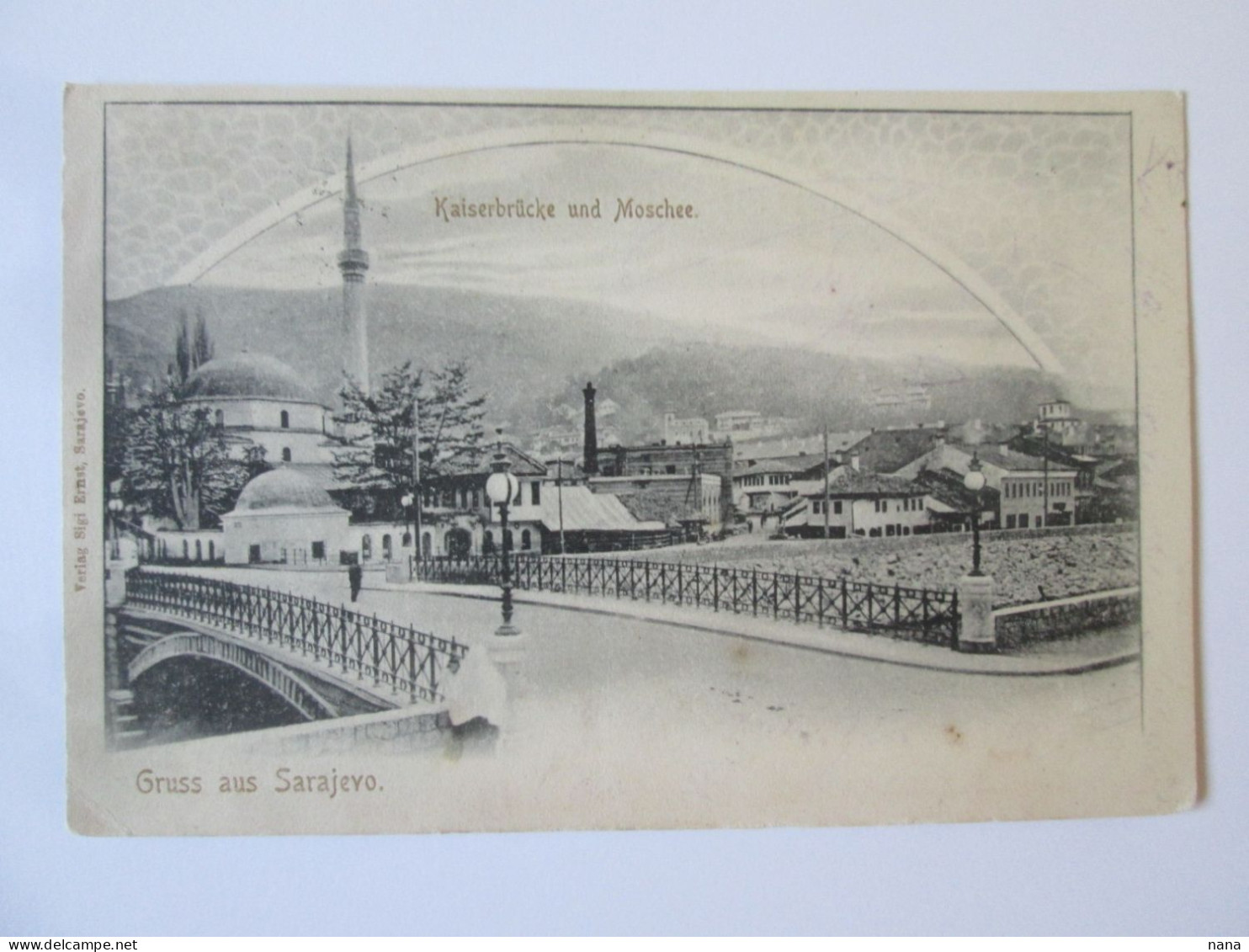 BIH-Salutations De/Greetings From Sarajevo:Mosquee Et Pont De L'empereur/Mosque & Emperor Bridge Postcard About 1905 - Bosnie-Herzegovine