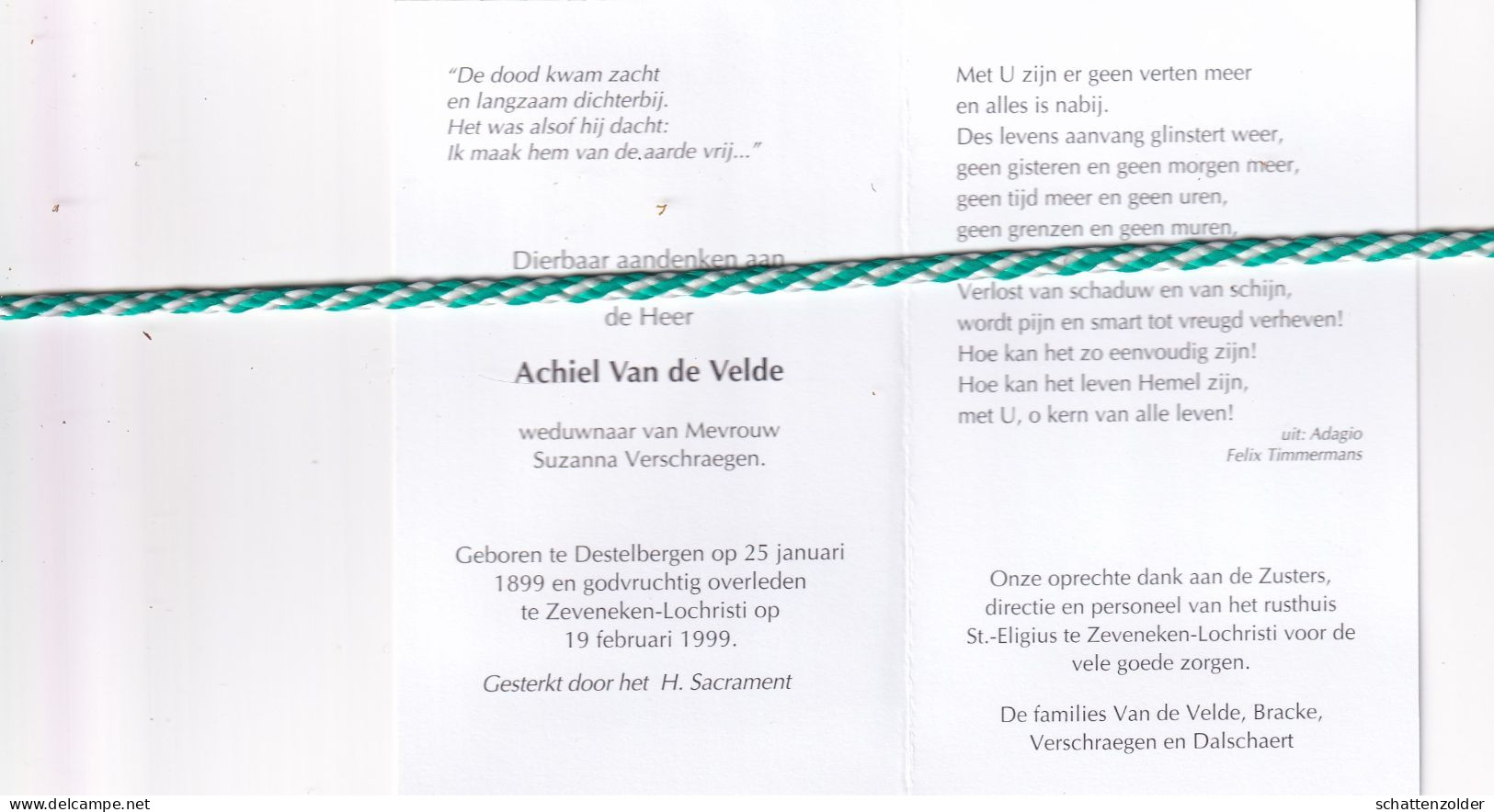 Achiel Van De Velde-Verschraegen, Destelbergen 1899, Zeveneken-Lochristi 1999. Honderdjarige. Foto - Obituary Notices