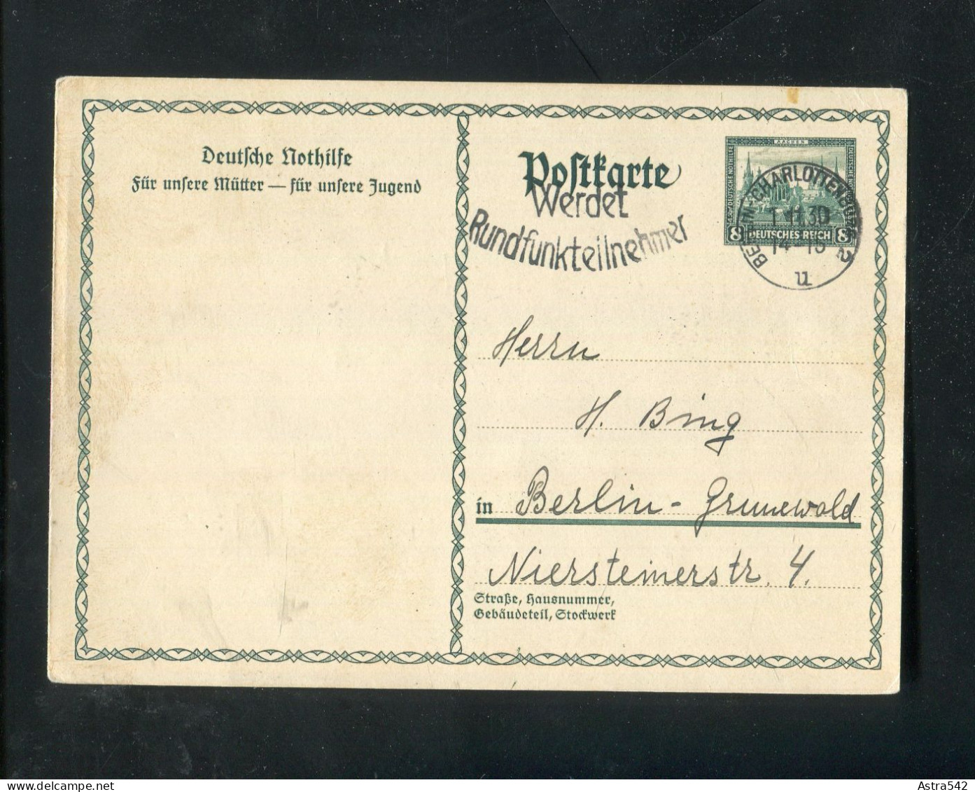 "DEUTSCHES REICH" 1930, Sonderpostkarte Mi. P 210 Stempel "BERLIN-CHARLOTTENBURG, Werdet Rundfunkteilnehmer" (A1201) - Cartes Postales