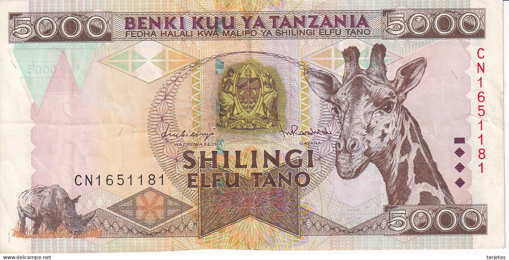 BILLETE DE TANZANIA DE 5000 SHILINGI DEL AÑO 1997 EN CALIDAD MBC (VF) (BANKNOTE) JIRAFA -GIRAFFE - Tanzanie