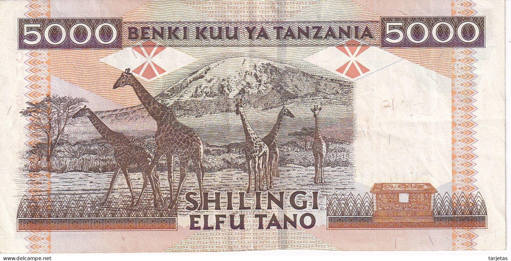 BILLETE DE TANZANIA DE 5000 SHILINGI DEL AÑO 1997 EN CALIDAD MBC (VF) (BANKNOTE) JIRAFA -GIRAFFE - Tanzanie