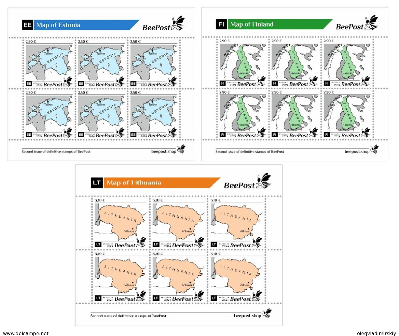 Estonia Finland Lithuania 2024 State Maps Definitives BeePost Set Of 3 Sheetlets MNH - Blocs-feuillets