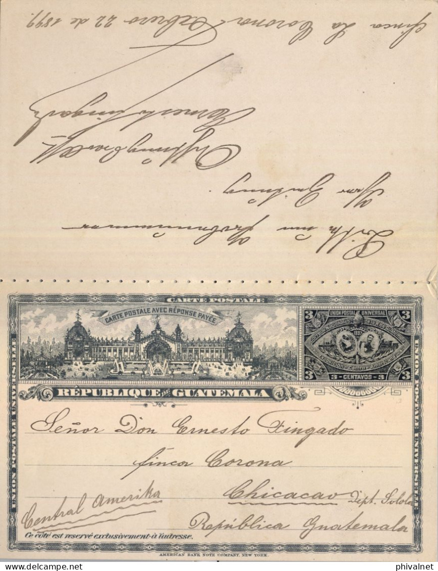 1899 GUATEMALA , CHICACAO - BERLIN , MAGNÍFICO ENTERO POSTAL CON TARJETA DE RESPUESTA , LLEGADA - Guatemala