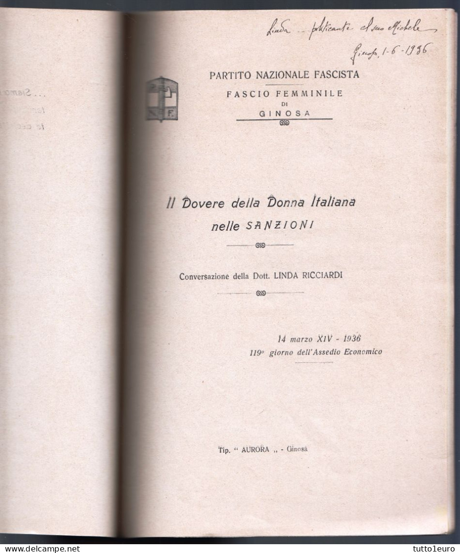 GINOSA - LIBRETTO DEL 1936 - FASCIO FEMMINILE CONVERSAZIONE DELLA DOTT. LINDA RICCIARDI - SANZIONI (STAMP395) - Guerre 1939-45