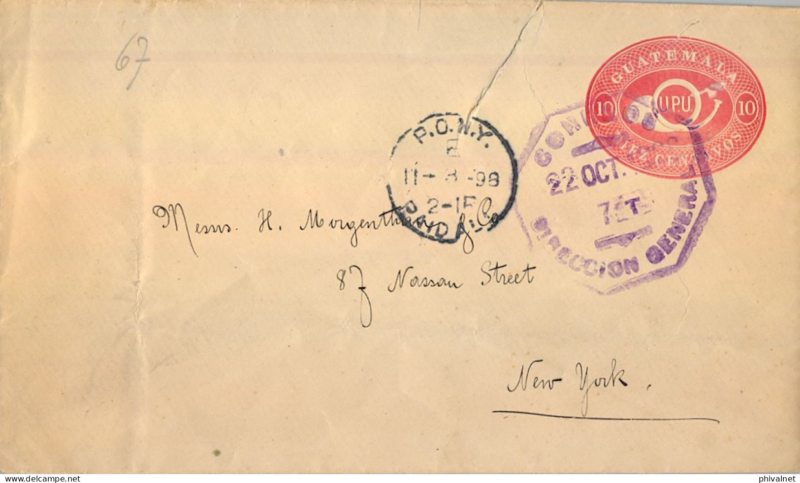 1898 GUATEMALA , DIRECCIÓN GENERAL , SOBRE ENTERO POSTAL CIRCULADO A NEW YORK , " P.O.N.Y. / PAID ALL " - Guatemala