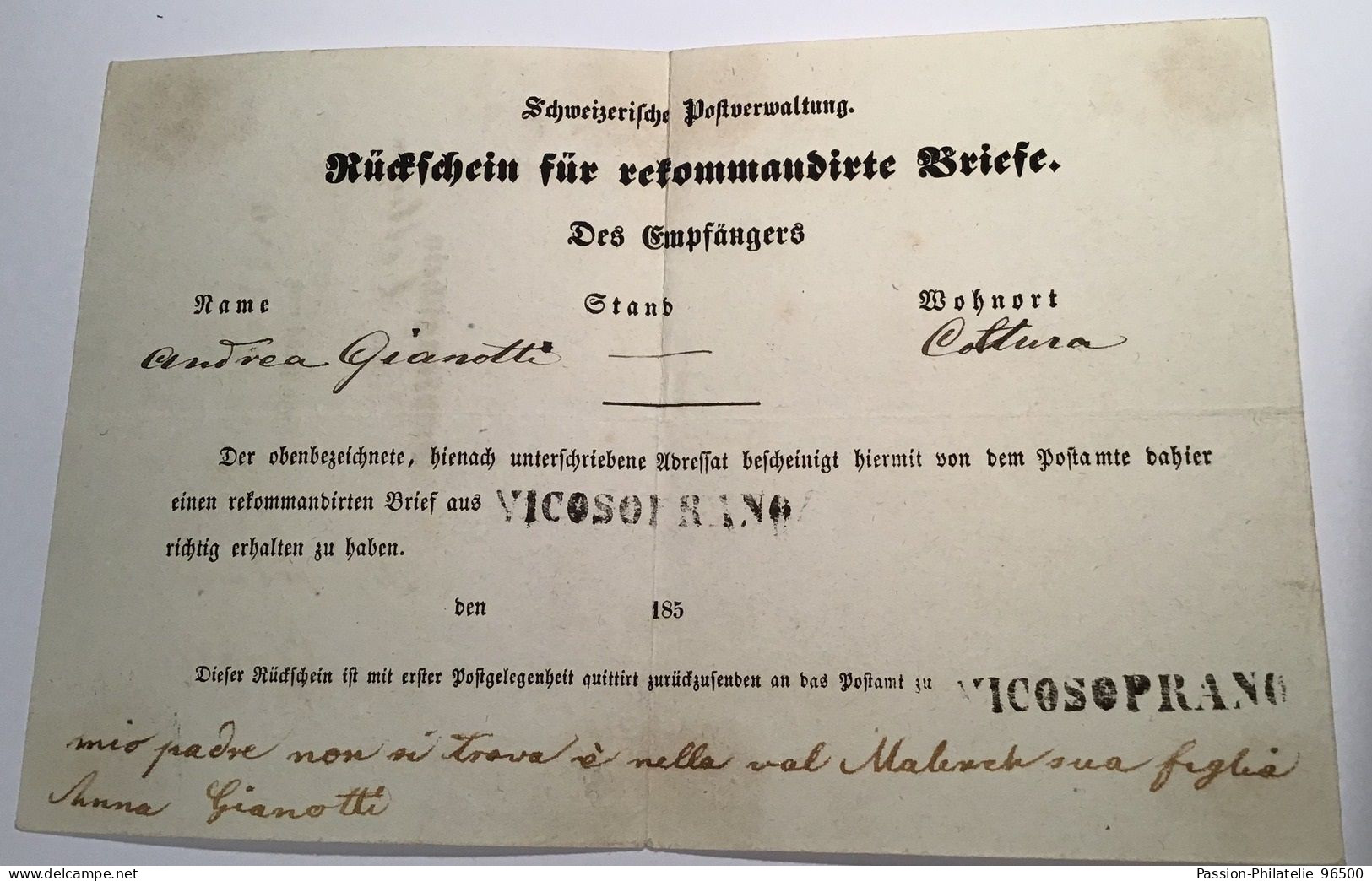Schweiz ZNr 25D EXTREM SELTENER RÜCKSCHEIN FÜR R-BRIEFE Von Vicosoprano 1861(Graubünden Brief Strubel Attest Hermann - Briefe U. Dokumente