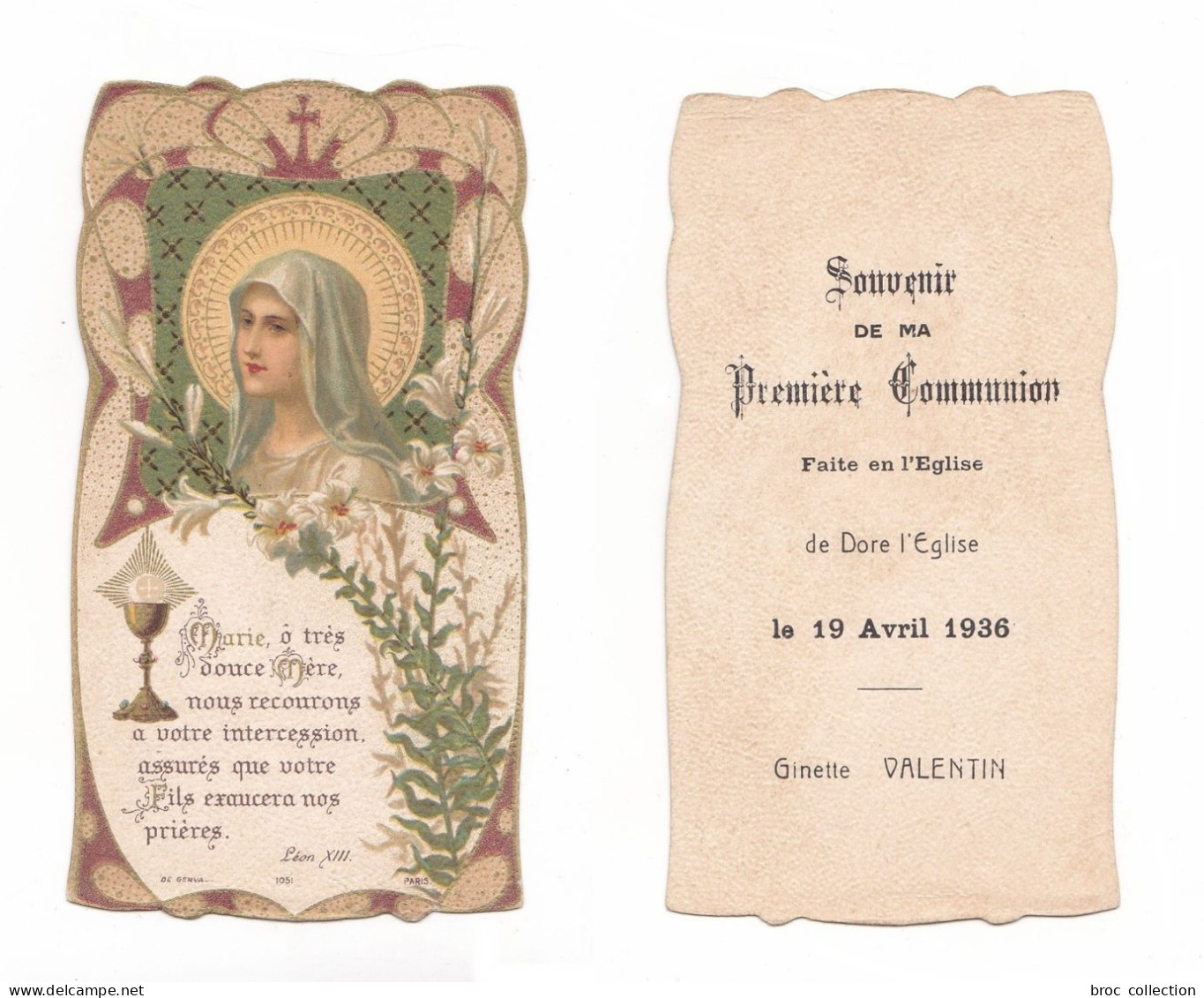 Dore-l'Église, 1re Communion De Ginette Valentin, 1936, Vierge Marie, Citation De Léon XIII, éd. De Gerval N° 1051 - Andachtsbilder