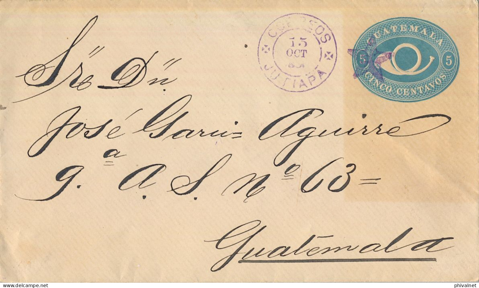 1891 GUATEMALA , JUTIAPA  , SOBRE ENTERO POSTAL CIRCULADO , FECHADOR Y ESTRELLA EN AZUL , LLEGADA - Guatemala