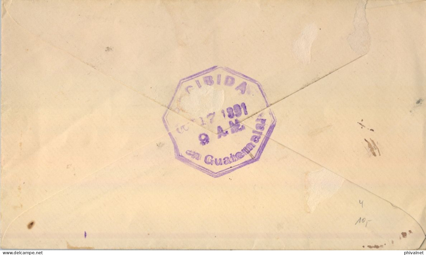 1891 GUATEMALA , JUTIAPA  , SOBRE ENTERO POSTAL CIRCULADO , FECHADOR Y ESTRELLA EN AZUL , LLEGADA - Guatemala