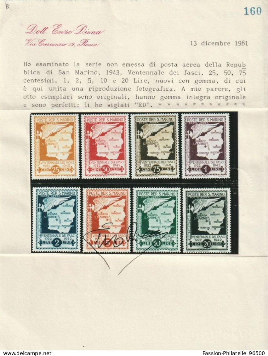 1943 - Posta Aerea Fasci Sammarinesi Non Emessa Serie Completa Intera Rarità Certificata - Sassone S.505 - Ungebraucht