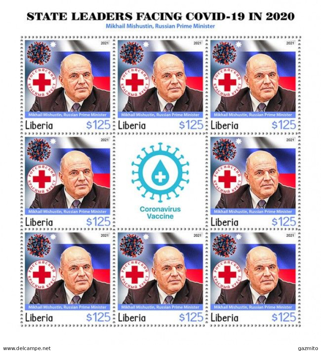 Liberia 2021, Against Covid, Leader, M. Mishustin, Red Cross, BF - Timbres