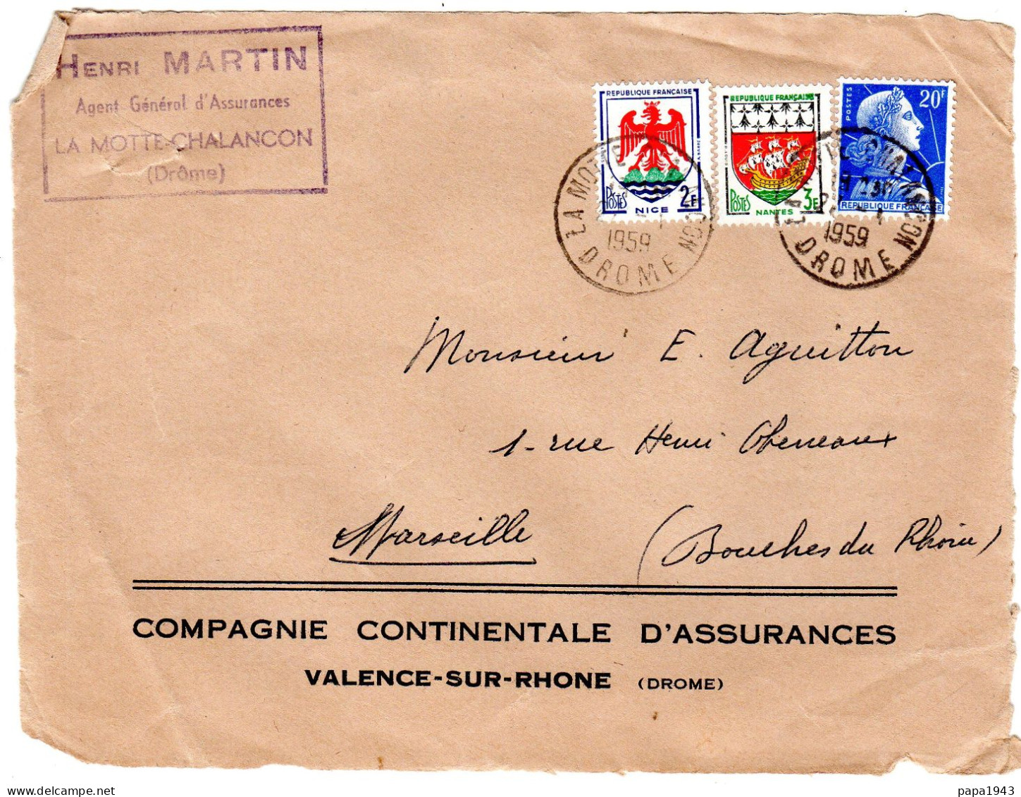 1959  CAD De LA MOTTE CHALENCON  " Henri MARTIN  LA MOTTE CHALENCON " Timbres Blasons 2f + 3f + 20f - Lettres & Documents