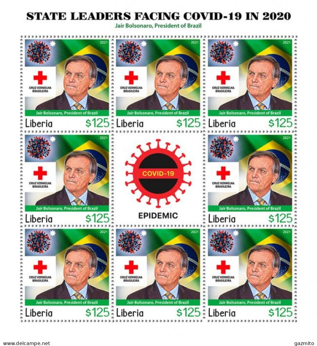 Liberia 2021, Against Covid, Leader, Bolsonaro, Red Cross, BF - Francobolli