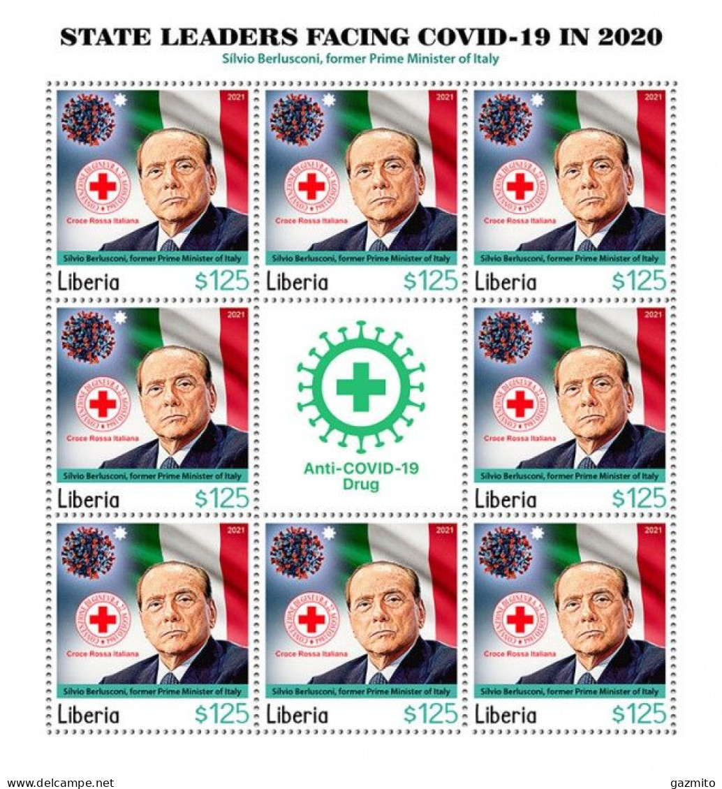 Liberia 2021, Against Covid, Leader, Berlusconi, Red Cross, BF - Briefmarken