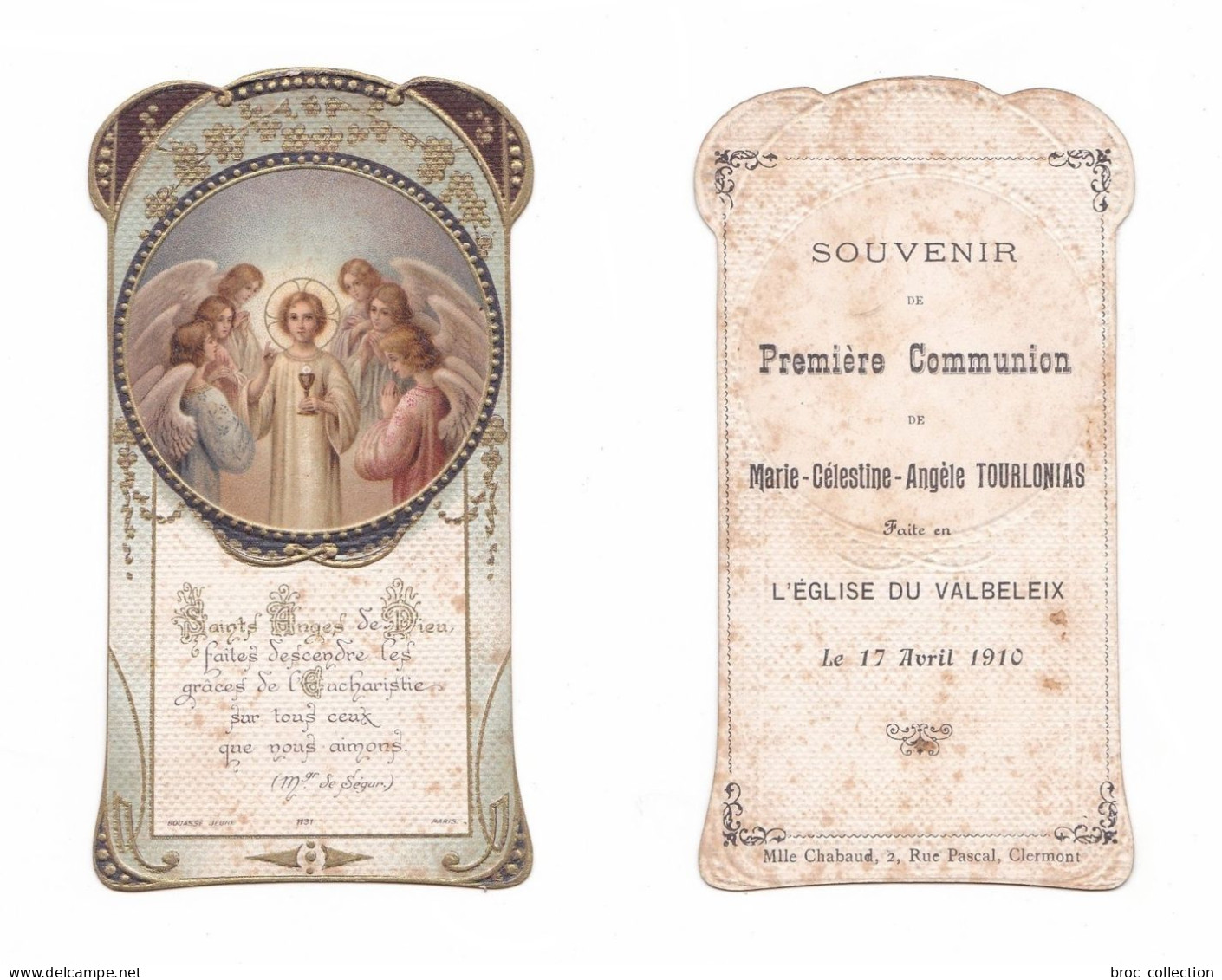 Le Valbeleix, 1re Communion De Marie-Célestine-Angèle Tourlonias, 1910, Anges, Citation De Mgr De Ségur, Gaufrée - Devotion Images