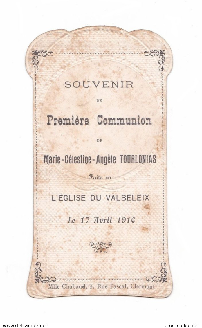 Le Valbeleix, 1re Communion De Marie-Célestine-Angèle Tourlonias, 1910, Anges, Citation De Mgr De Ségur, Gaufrée - Devotion Images