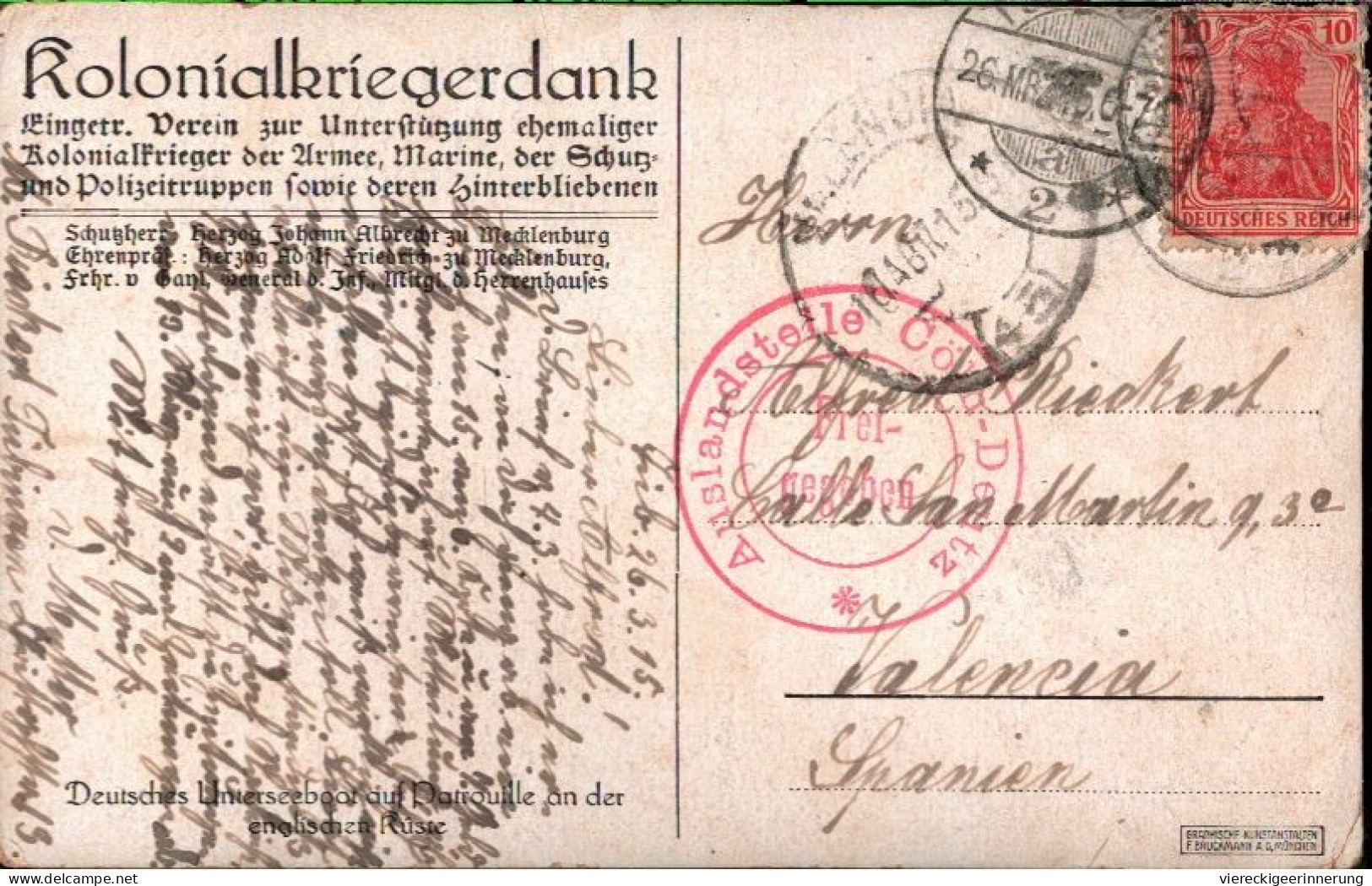 ! Alte Ansichtskarte U-Boot, Sign. Baumgarten, 1915, Gel. N. Valencia, Stempel Auslandsstelle Deutz - Baumgarten, F.