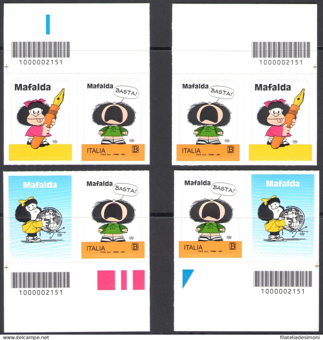2021 Repubblica Italiana, Mafalda, Francobollo + Chiudilettera E Relativo Codice A Barre 1000002151, Destro E Sinistro D - Bar Codes