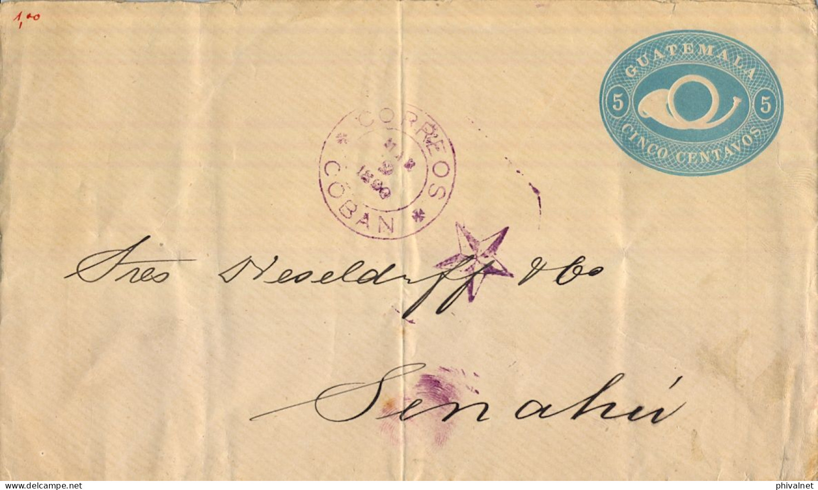 1900 GUATEMALA , COBAN - SINAHÚ , SOBRE ENTERO POSTAL CIRCULADO - Guatemala