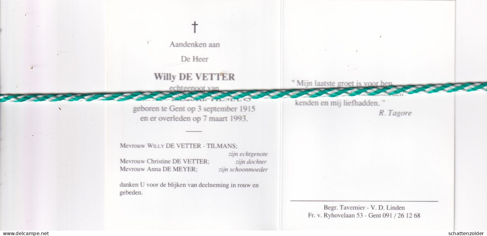 Willy De Vetter-Tilmans, Gent 1915, 1993. Foto - Obituary Notices