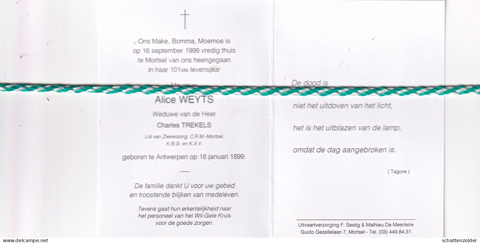 Alice Weyts-Trekels, Antwerpen 1899, Mortsel 1999. Honderdjarige. Foto - Obituary Notices