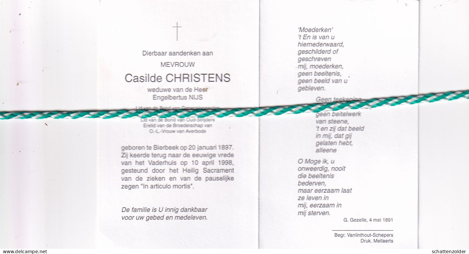 Casilde Christens-Nijs, Bierbeek 1897, 1998. Honderdjarige - Obituary Notices