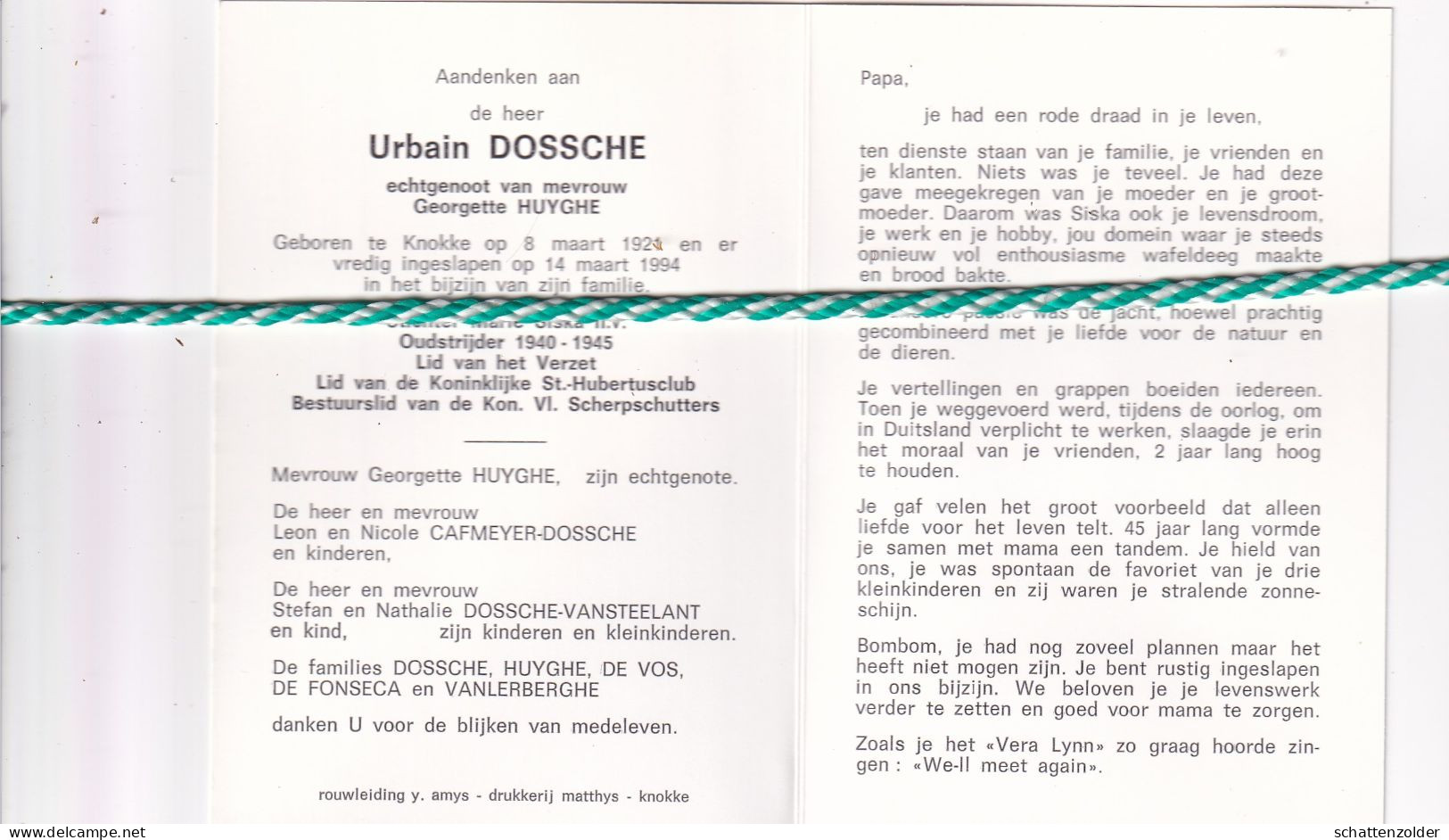 Urbain Dossche-Huyghe, Knokke 1921, 1994. Stichter Nv Marie Siska, Oud-strijder 40-45. Foto - Todesanzeige