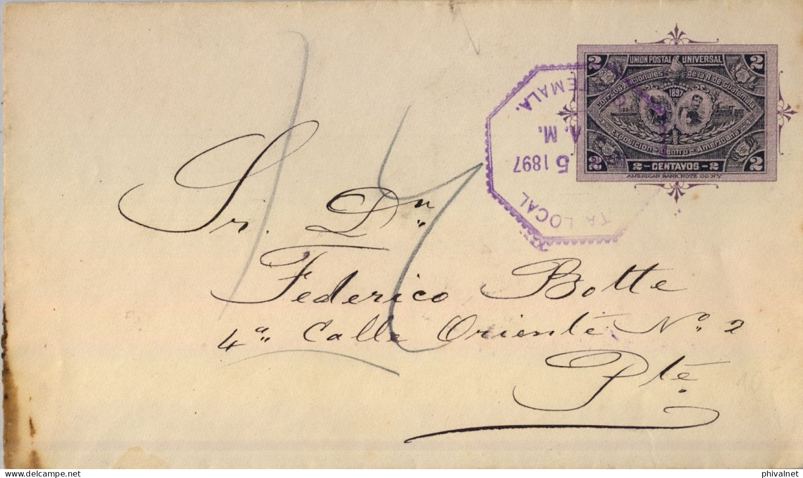 1897 GUATEMALA  , SOBRE ENTERO POSTAL CIRCULADO , CORREO INTERIOR , EXPOSICIÓN CENTRO AMERICANA - Guatemala