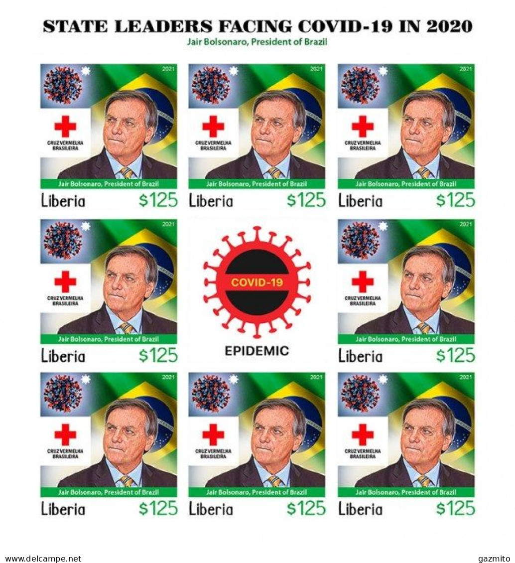 Liberia 2021, Against Covid, Leader, Bolsonaro, Red Cross, BF IMPERFORATED - Stamps