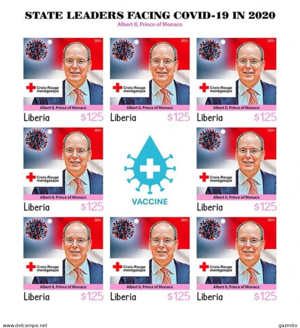 Liberia 2021, Against Covid, Leader, Albert Of Monaco, Red Cross, BF IMPERFORATED - Red Cross