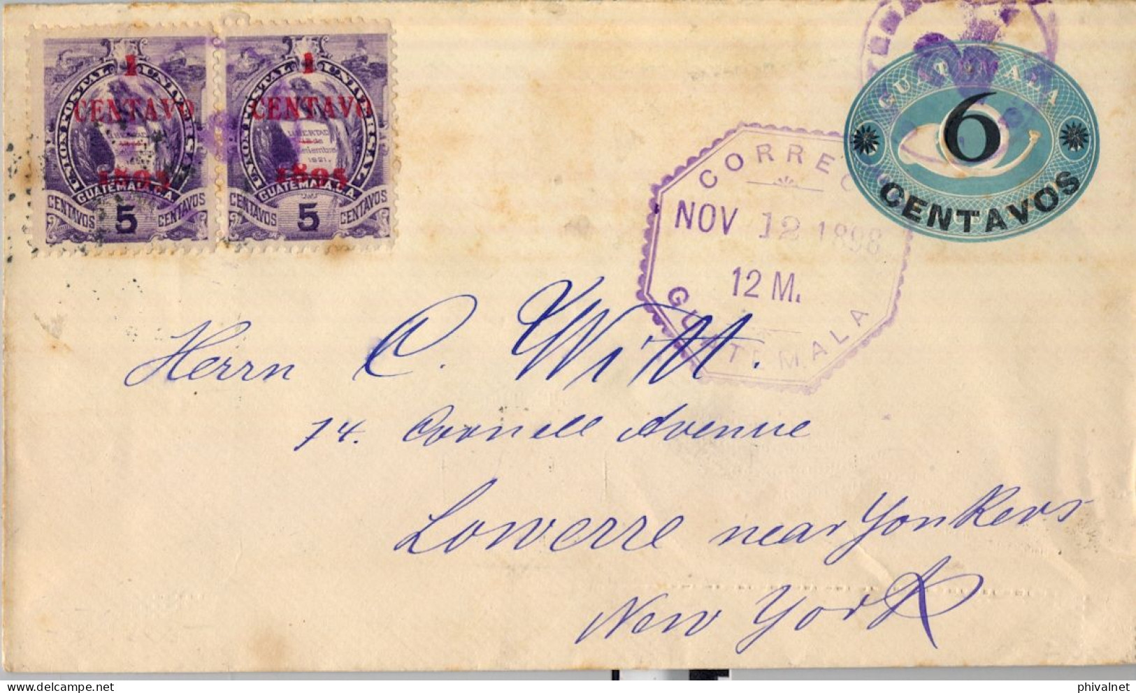 1898 GUATEMALA  , SOBRE ENTERO POSTAL CIRCULADO , LLEGADA A YONKERS Y TRÁNSITO DE NEW YORK - Guatemala