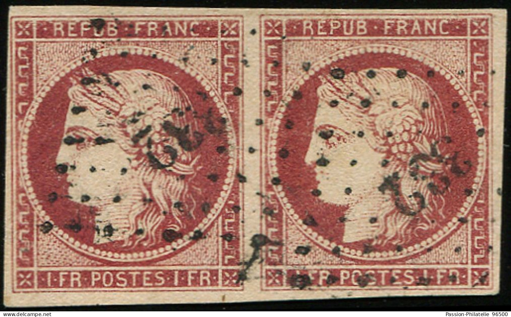 France 1f. Carmin, PAIRE Obl. PC 332, TB. - 1849-1850 Ceres