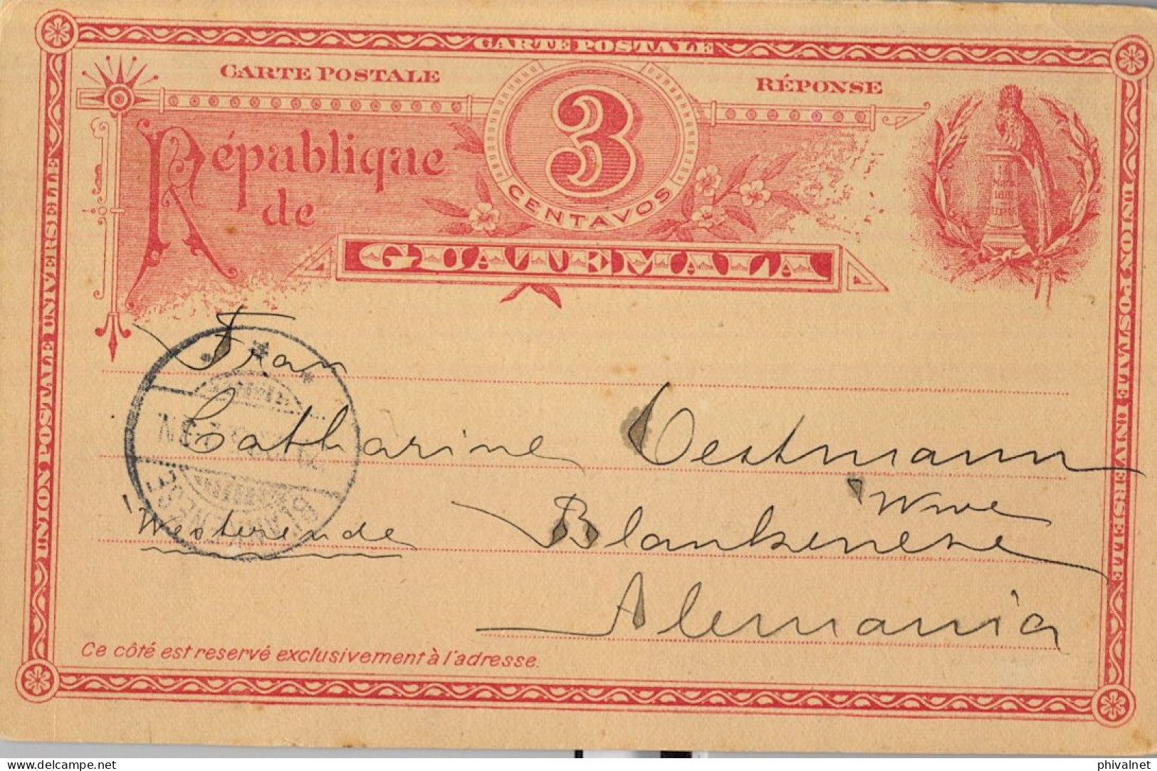 1895 GUATEMALA  , MAZATENANGO , TARJETA ENTERO POSTAL CIRCULADA  A BLANKENESE ( HAMBURGO ) , LLEGADA - Guatemala