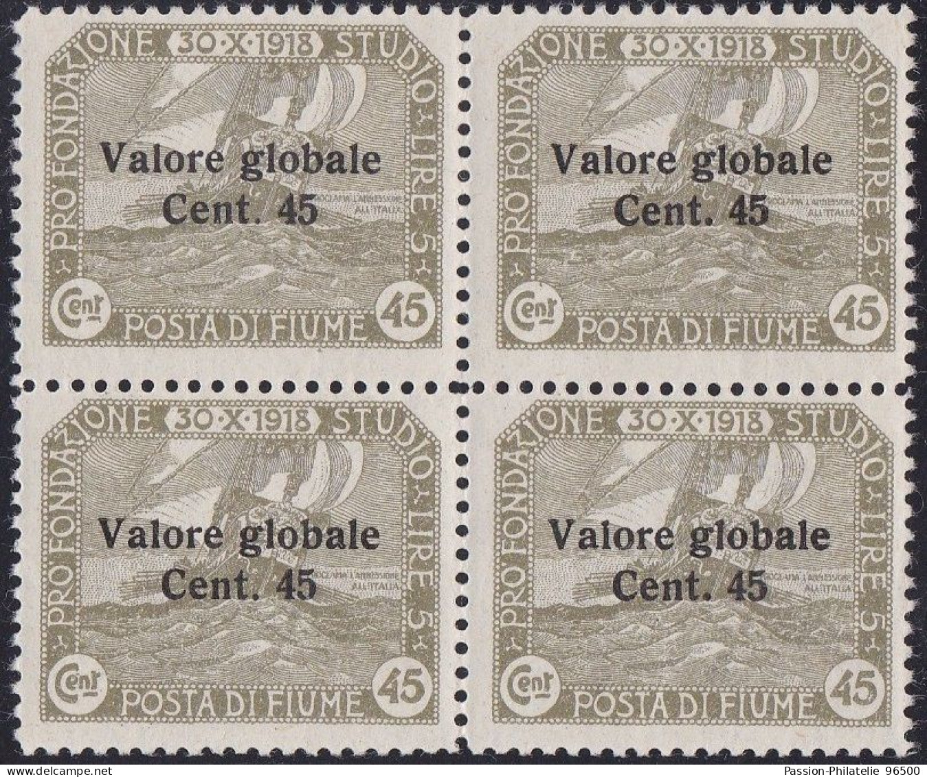 Fiume, Valore Globale, 45 Cent, Fat, Narrow Letters, Modificated Overprint, Sass. No.112, MNH Block Of Four, Certificate - Fiume