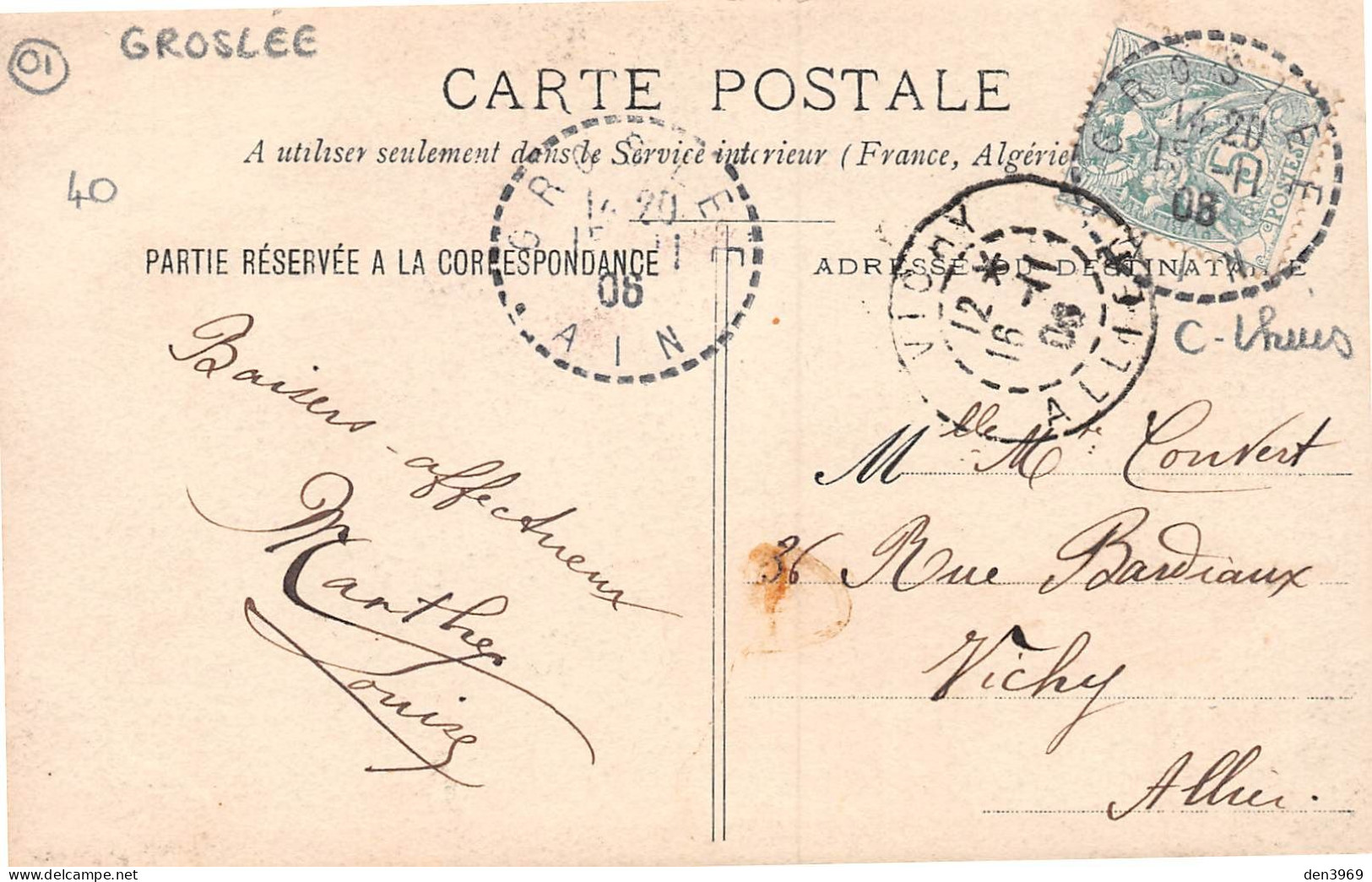 GROSLEE (Ain) - L'Eglise - Carte-Photo, Voyagé 1908 (2 Scans) Convert, 36 Rue Bardiaux à Vichy - Ohne Zuordnung