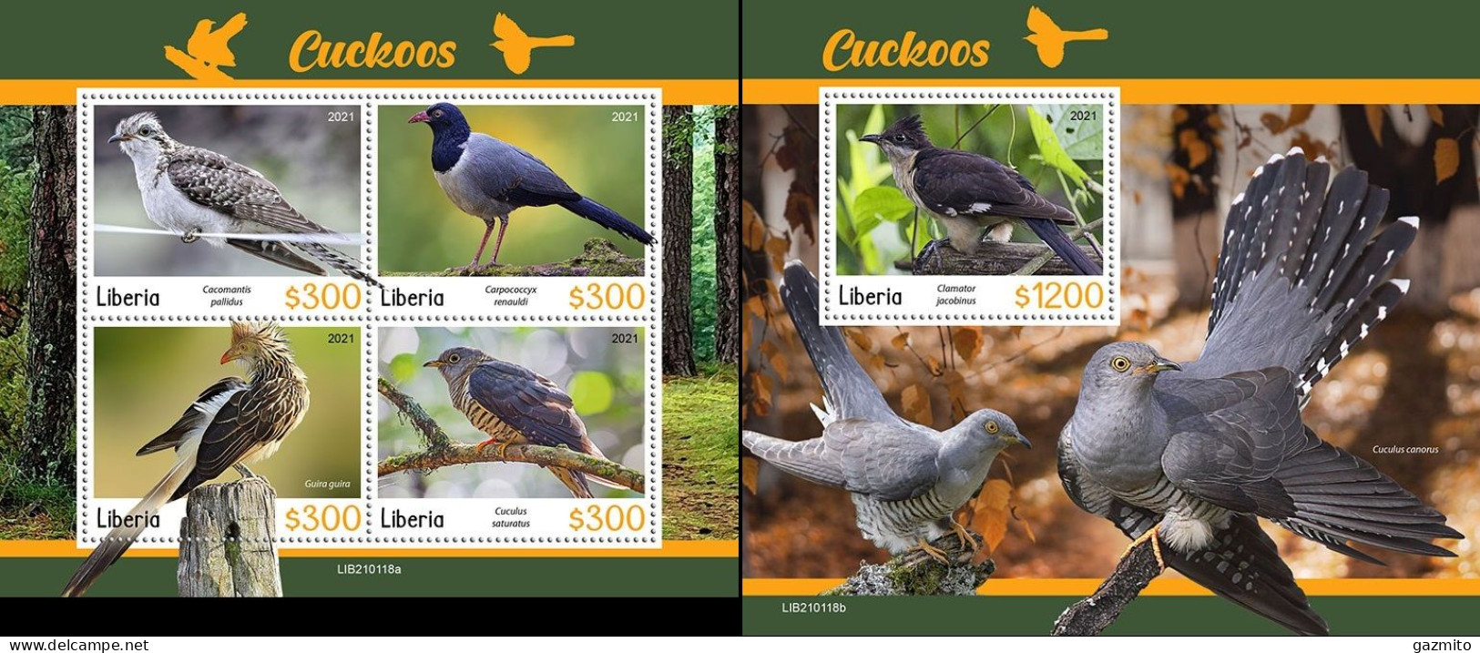 Liberia 2021, Animals, Cuckoos, 4val In BF +BF - Liberia