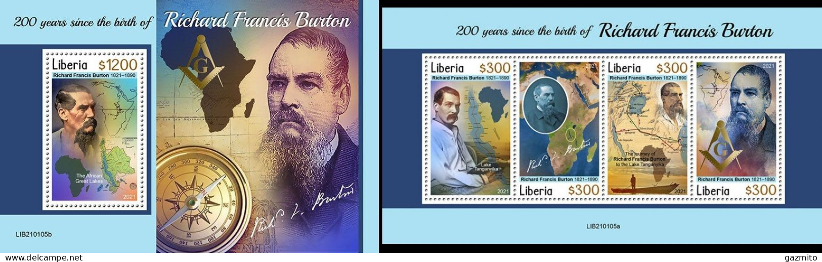 Liberia 2021, Explorer, R. Burton, Masson, 4val In BF +BF - Liberia