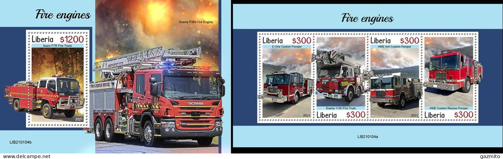 Liberia 2021, Fire Engine, 4val In BF +BF - Liberia