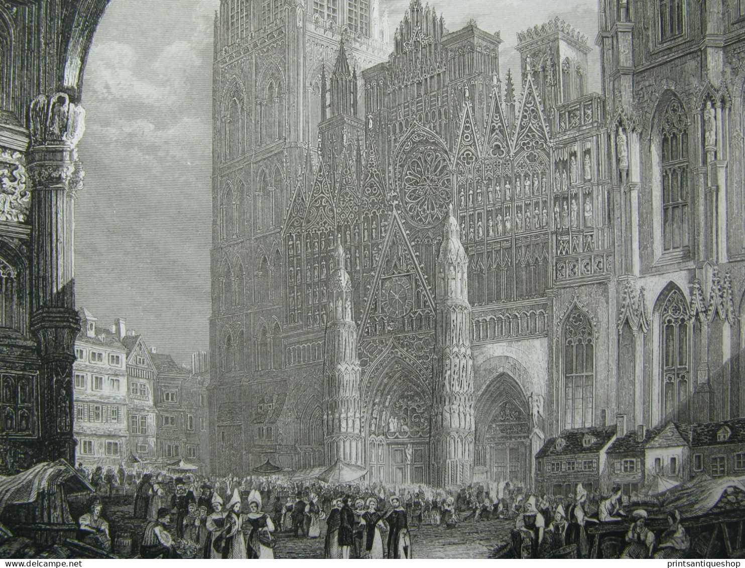 Original Antique Print Engraving France Rouen Cathedral 1834 By Thomas Higham - Stiche & Gravuren