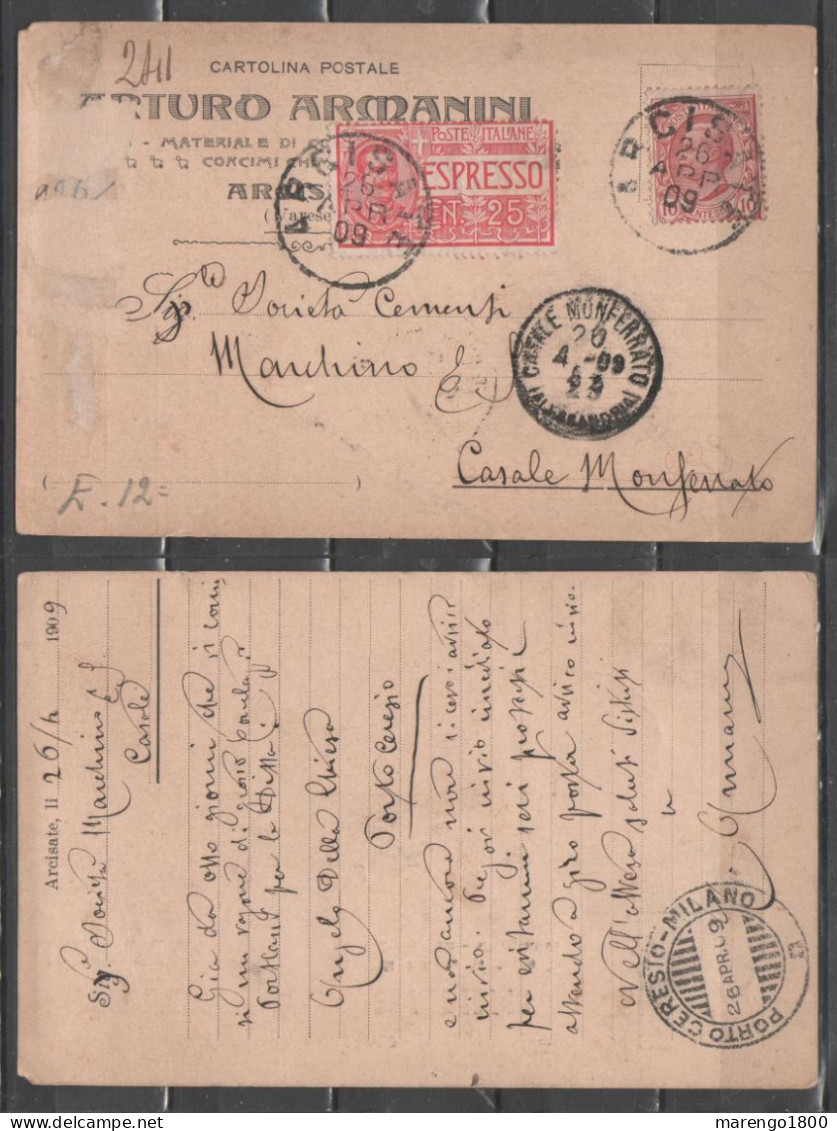 ITALIA 1909 - Cartolina Commerciale Espresso Con Espresso 25 C. E Leoni 10 C. - Annullo Ambulante Porto Ceresio - Milano - Poststempel