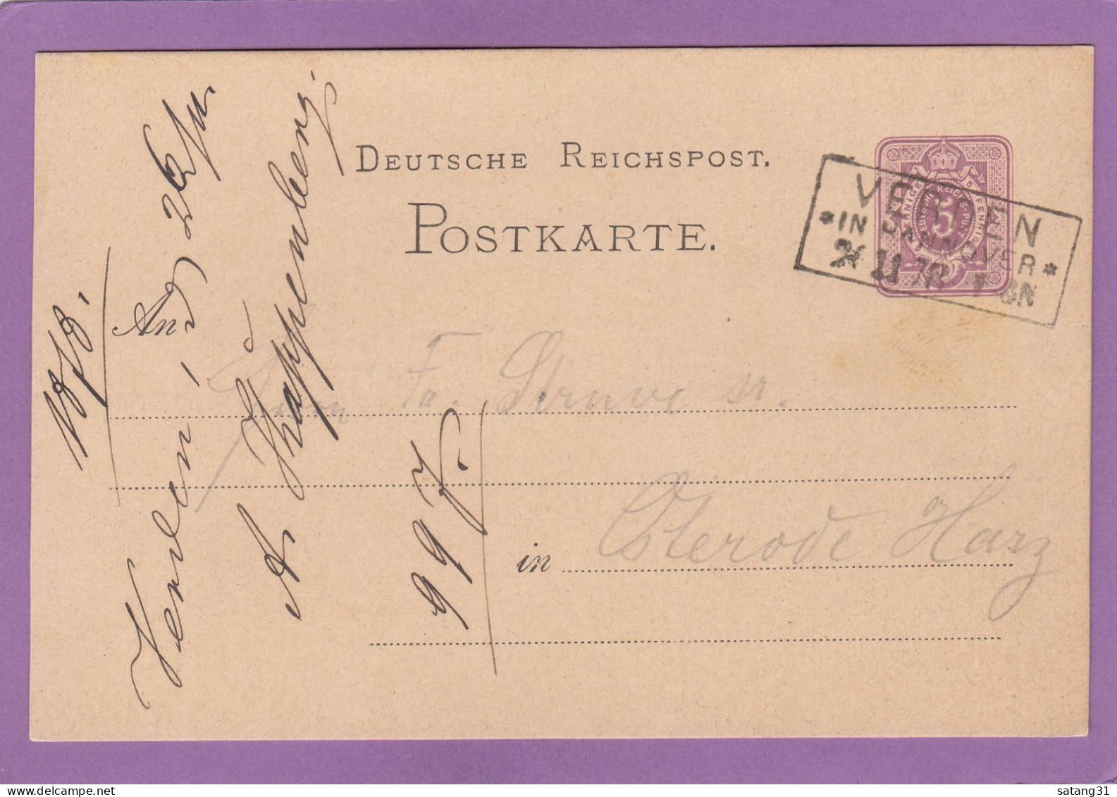 GANZSACHE MIT RAHMENSTEMPEL " VERDEN IN HANNOVER". - Briefkaarten