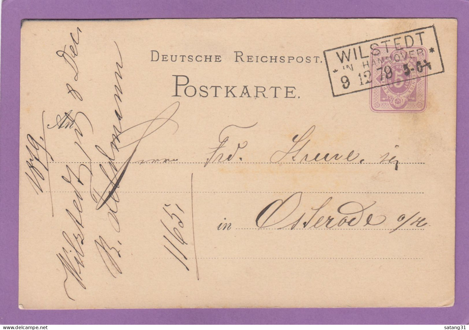 GANZSACHE MIT RAHMENSTEMPEL " WILSTEDT IN HANNOVER". - Cartes Postales