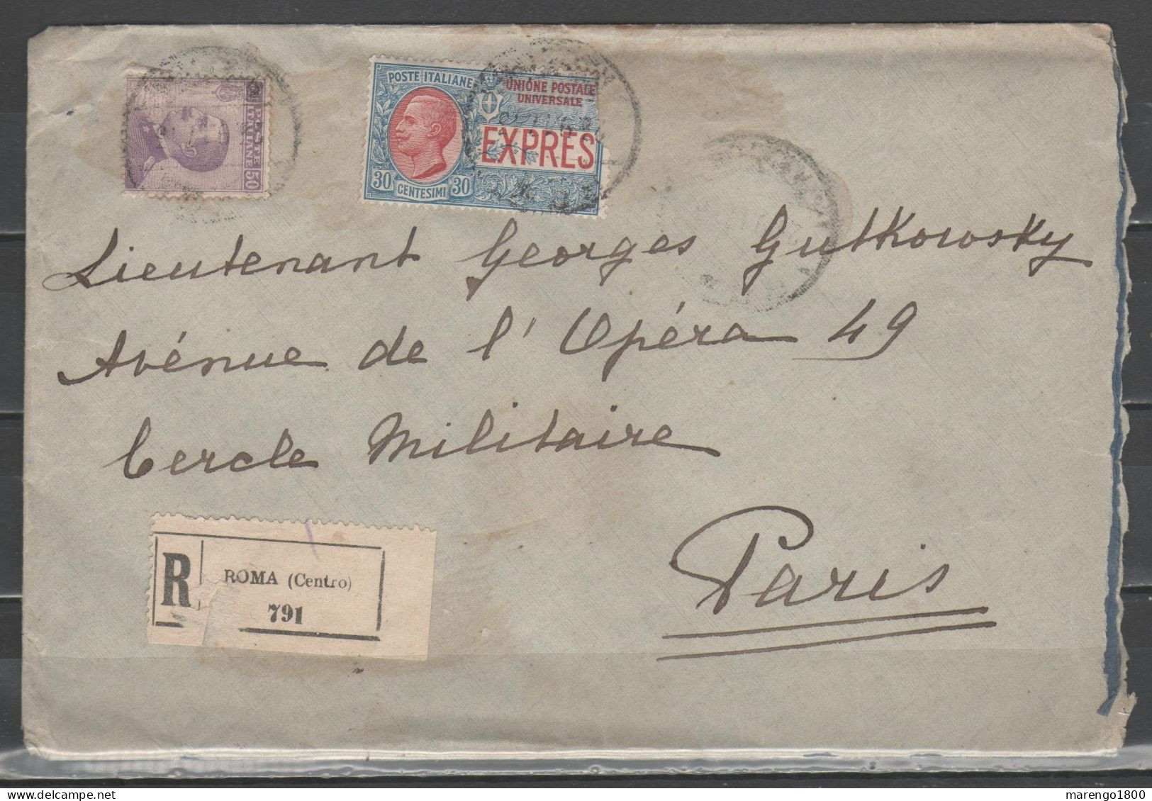 ITALIA 1917 - Lettera Raccomandata Da Roma A Parigi Con Espresso 30 C. (difettoso) - Marcophilia