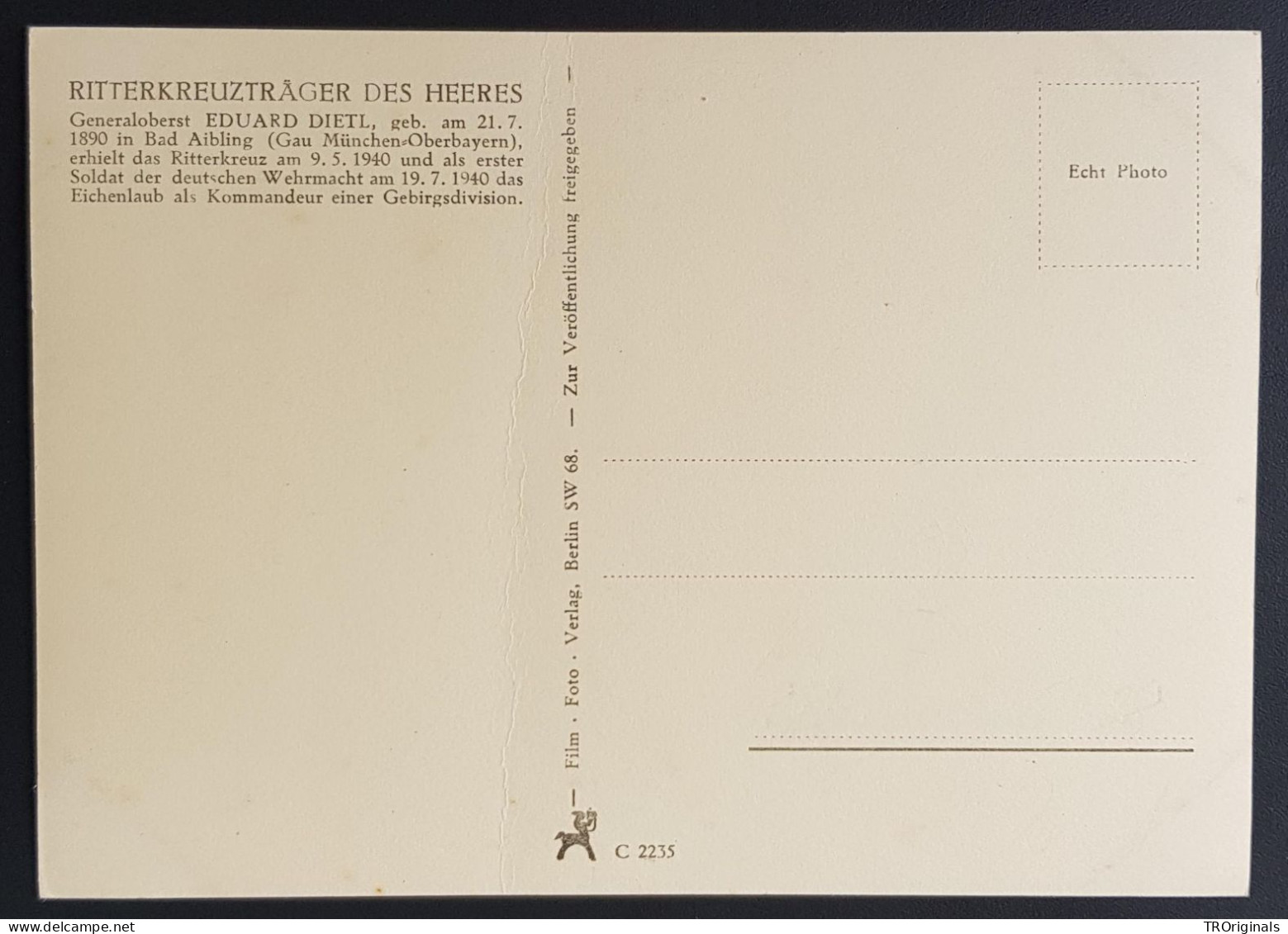 GERMANY THIRD 3rd REICH ORIGINAL WWII CARD IRON CROSS WINNERS - WEHRMACHT GENERAL DIETI - Weltkrieg 1939-45