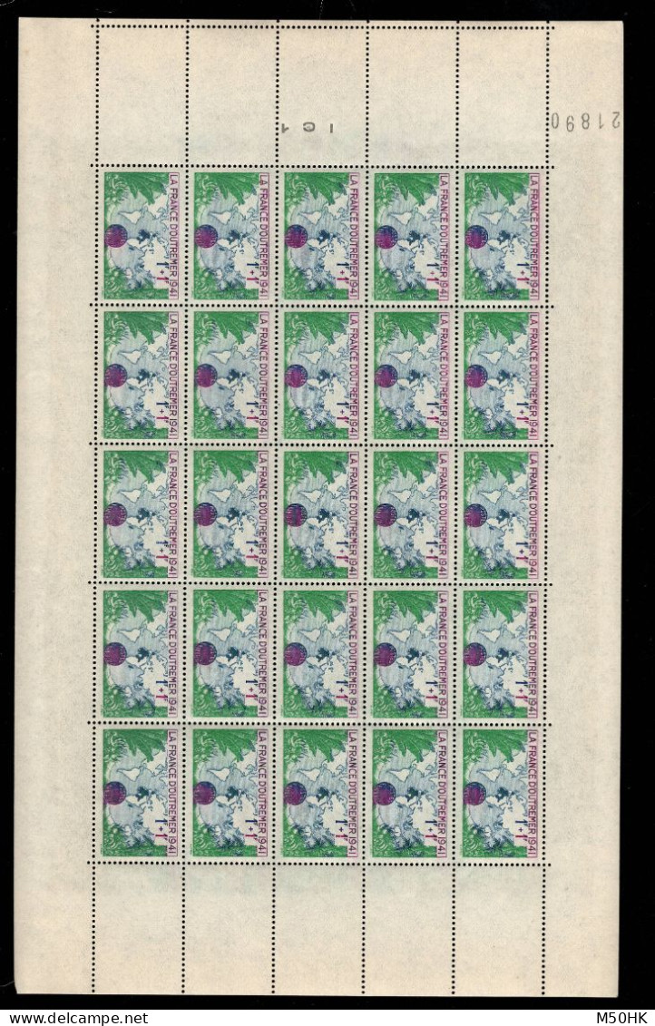 YV 503 N** MNH Luxe En Feuille Complete De 25 Timbres , France D'Outremer 1941 - Hojas Completas