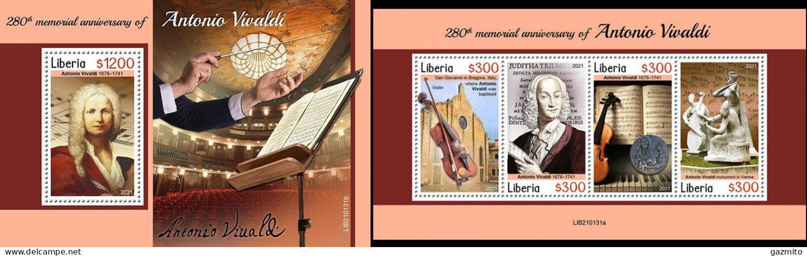 Liberia 2021, Music, Vivaldi, 4val In BF +BF - Music