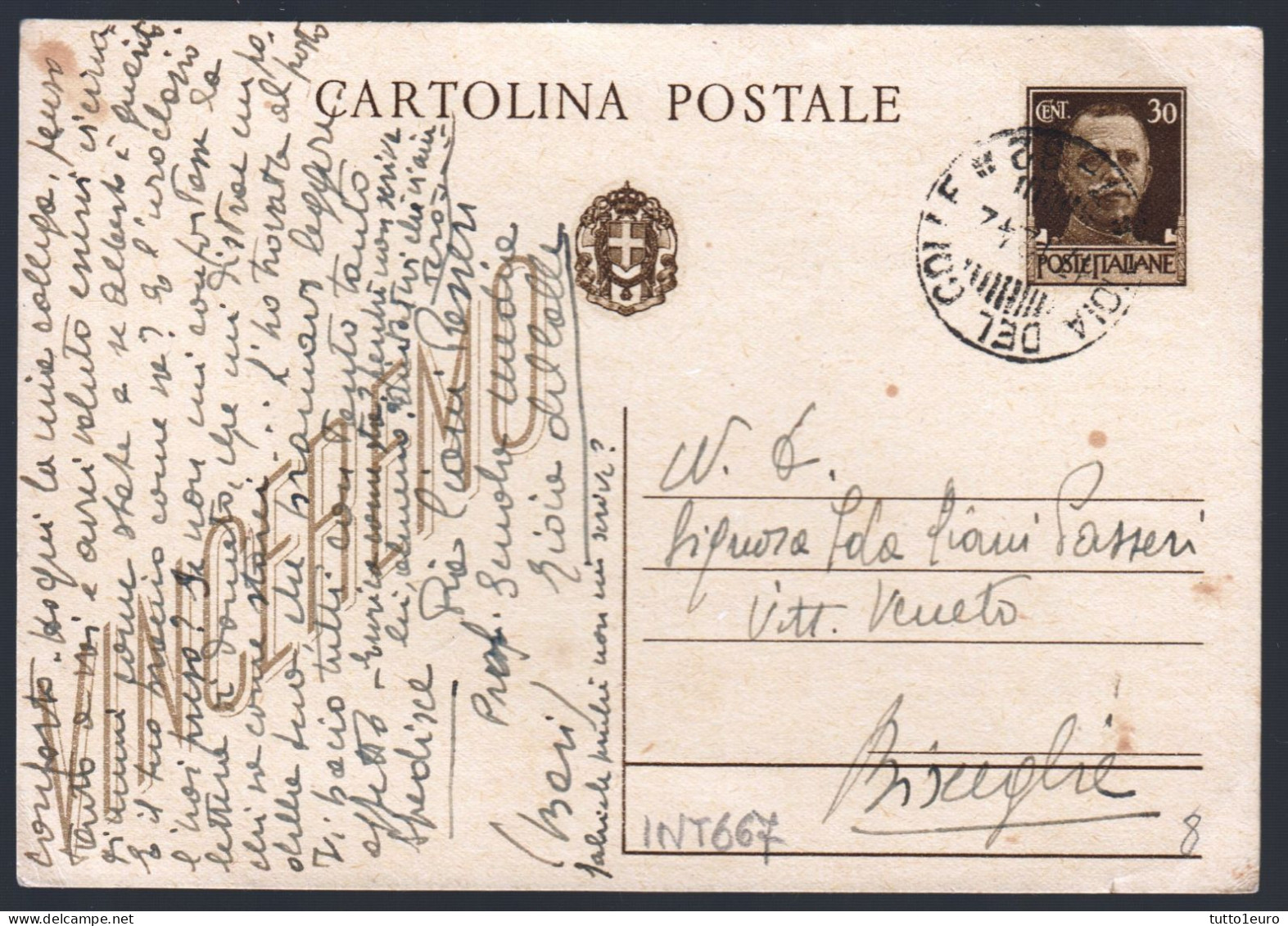 CARTOLINA POSTALE CON SCRITTA "VINCEREMO" - SPEDITA DA INSEGNANTE DI GIOIA DEL COLLE A BISCEGLIE NEL 1942 (INT667) - Entero Postal