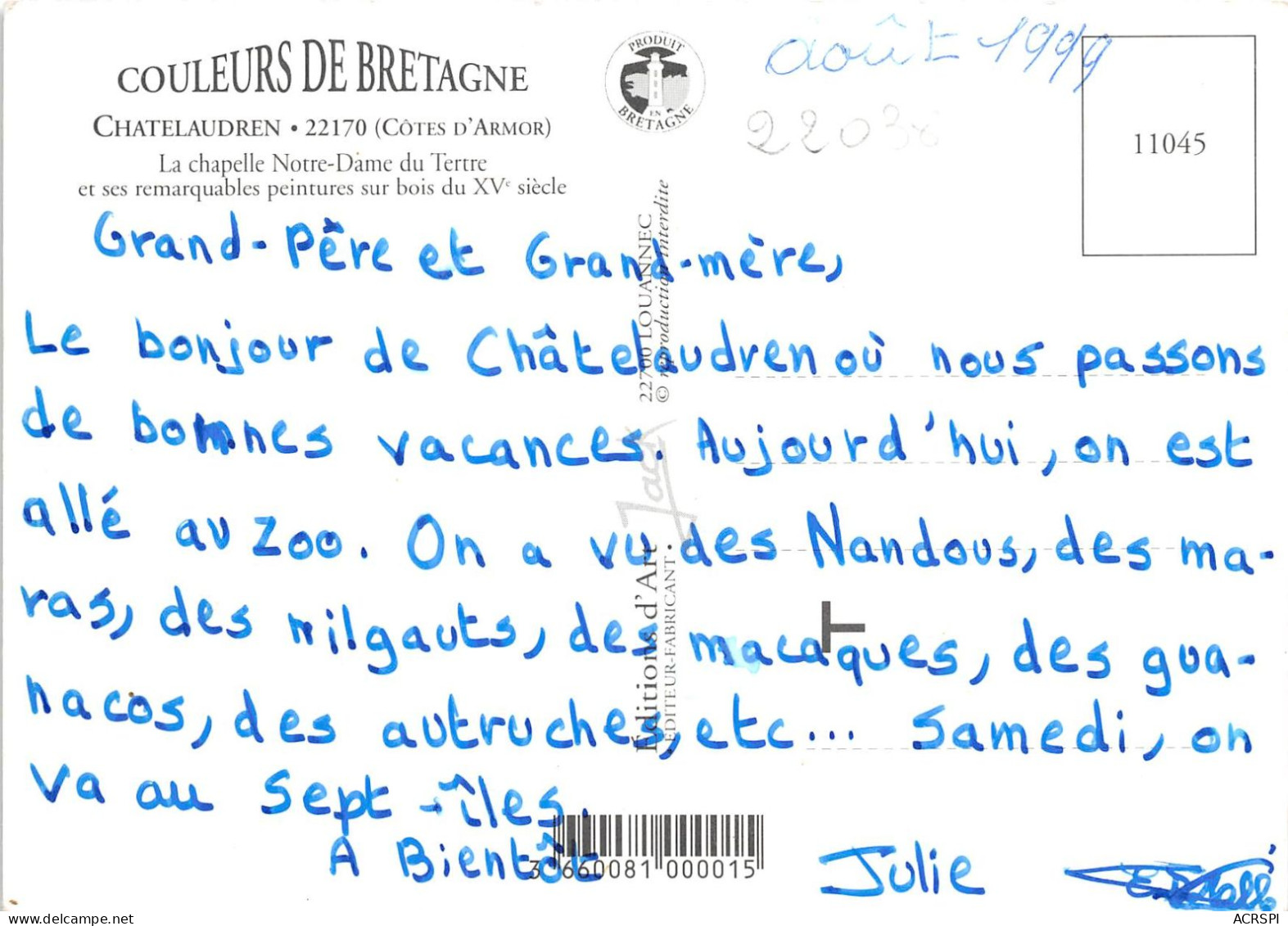 CHATELAUDREN Chapelle ND Du Tertre Et Ses Remarquable Peintures Sur Bois 18(scan Recto-verso) MA2011 - Châtelaudren